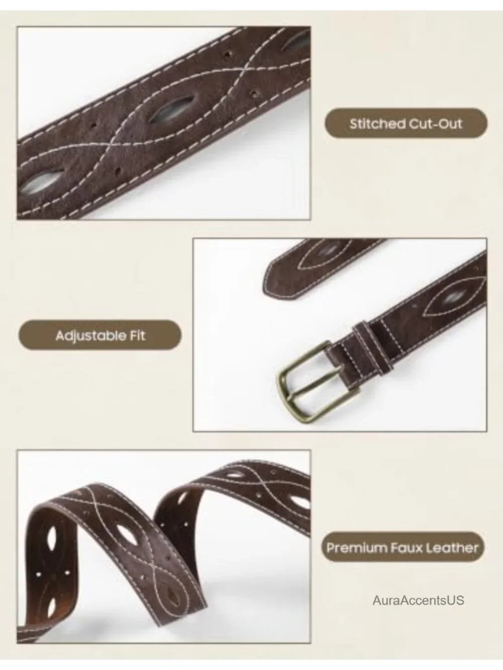 Women's Western Faux Leather Belt with Brass Buckle, Hollow-Out Stitching,